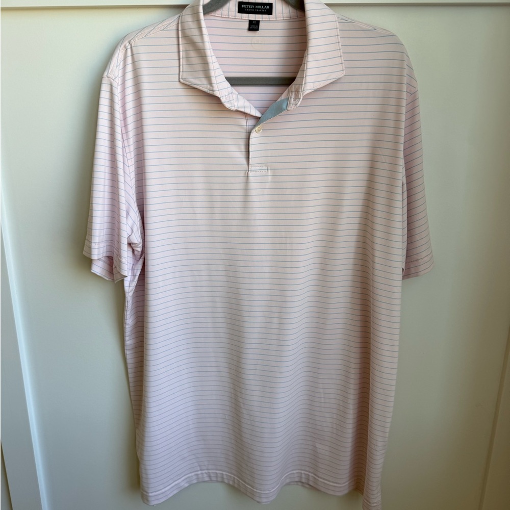 Peter Millar Men's Light Pink Striped Polo Shirt - Excellent Condition